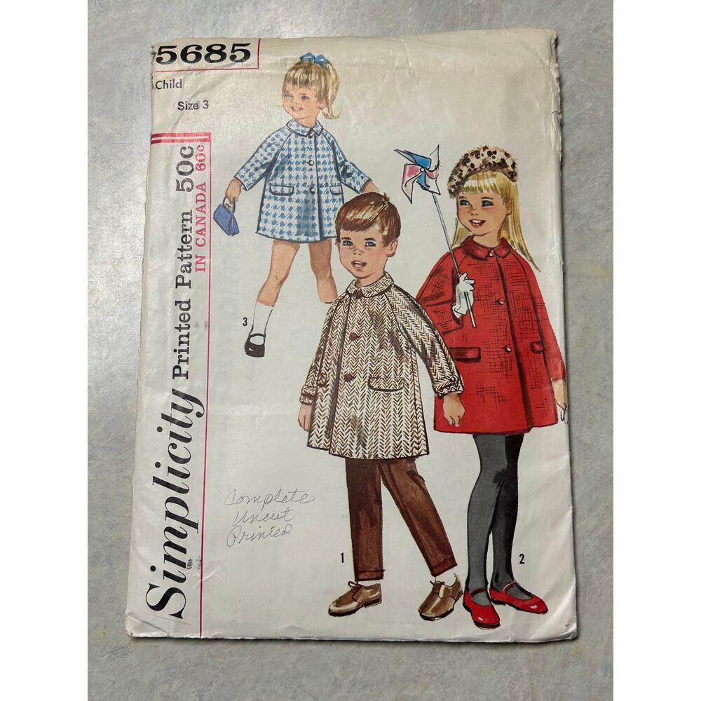 Vintage 1960's Simplicity Pattern‎ #5685 Children's Lined Coat Size 3